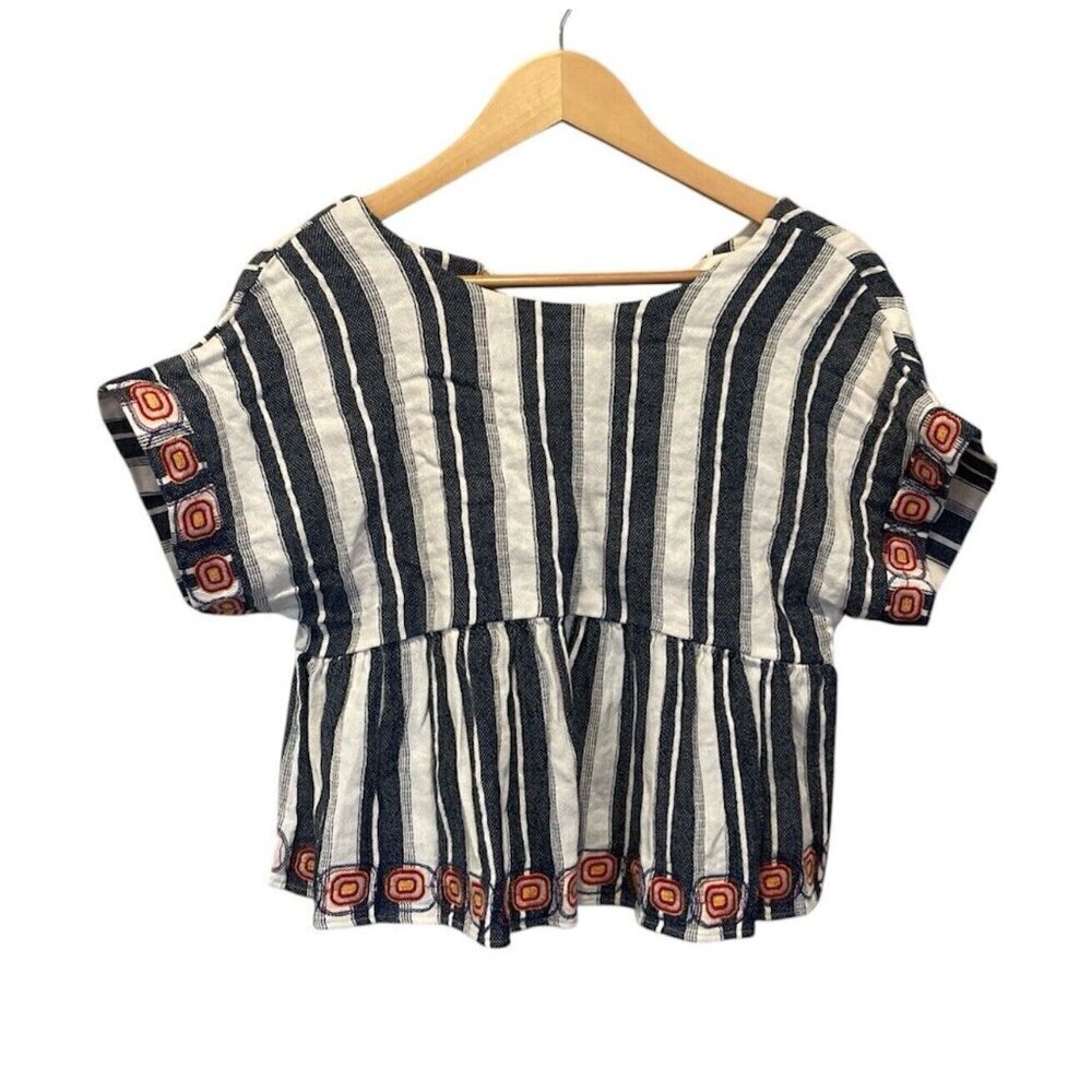 JOA Los Angeles Cropped Peplum Top M Embroidered Blue White Striped Open Back